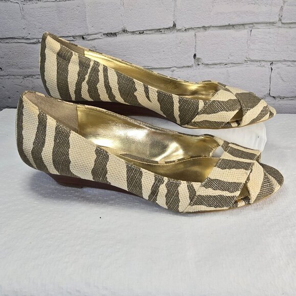 LAUREN RALPH LAUREN MONIKA ANIMAL ZEBRA PRINT BROWN WEDGE HEEL OPEN TOE SIZE 9.5 - Picture 1 of 8